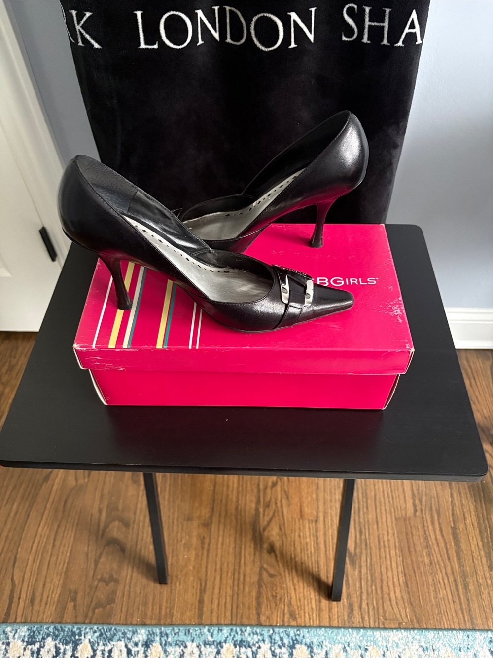 BCBGirls Black Pointed Toe Pumps with Silver Buckle - Picture 3 of 5